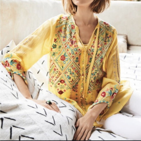 Johnny Was Tops - Johnny Was Arges Embroidered Yellow Button Front Asymmetrical Sleeve Tie Tunic S